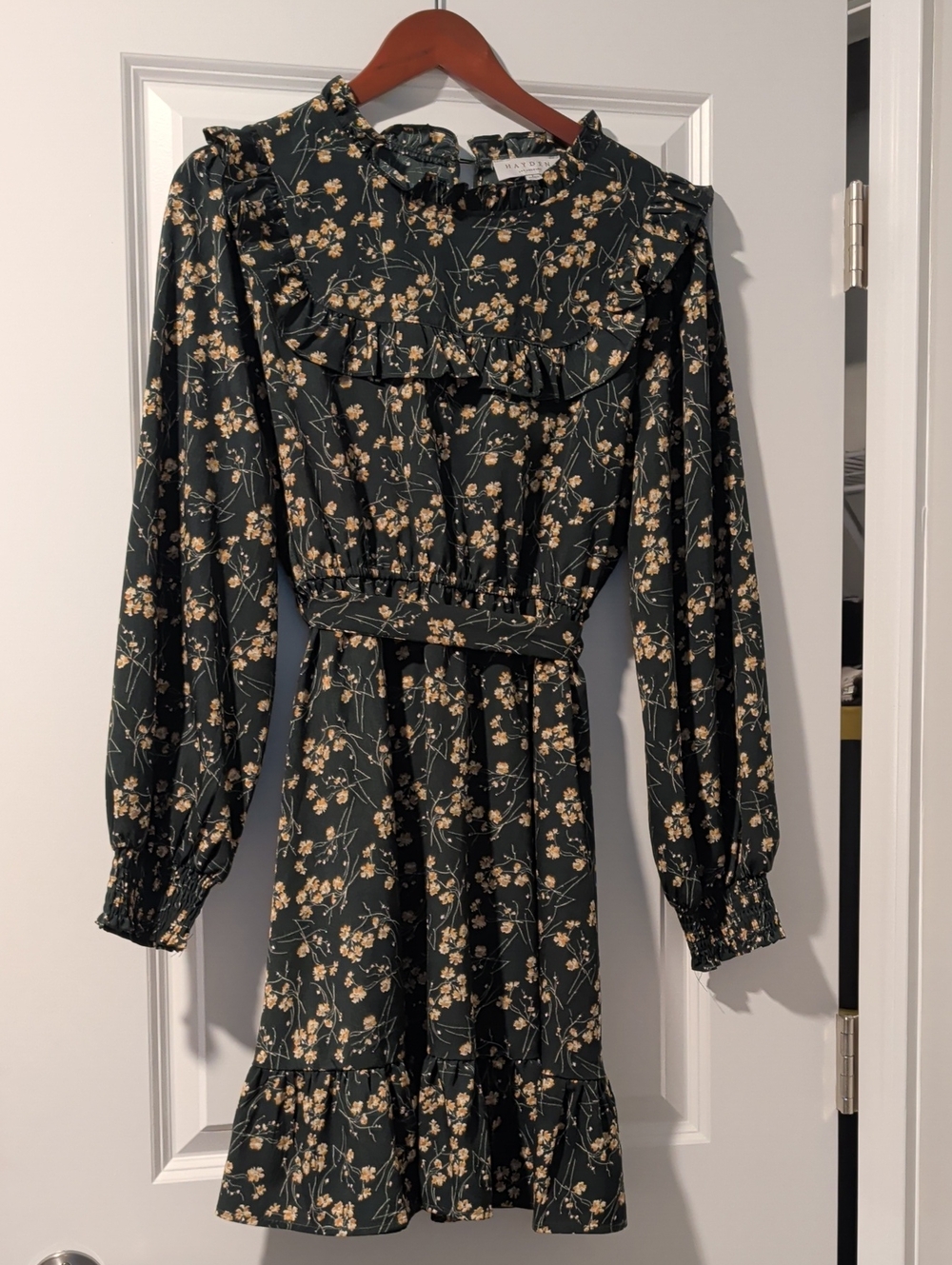 Hayden Dark Green Floral Long-Sleeve Ruffle Dress